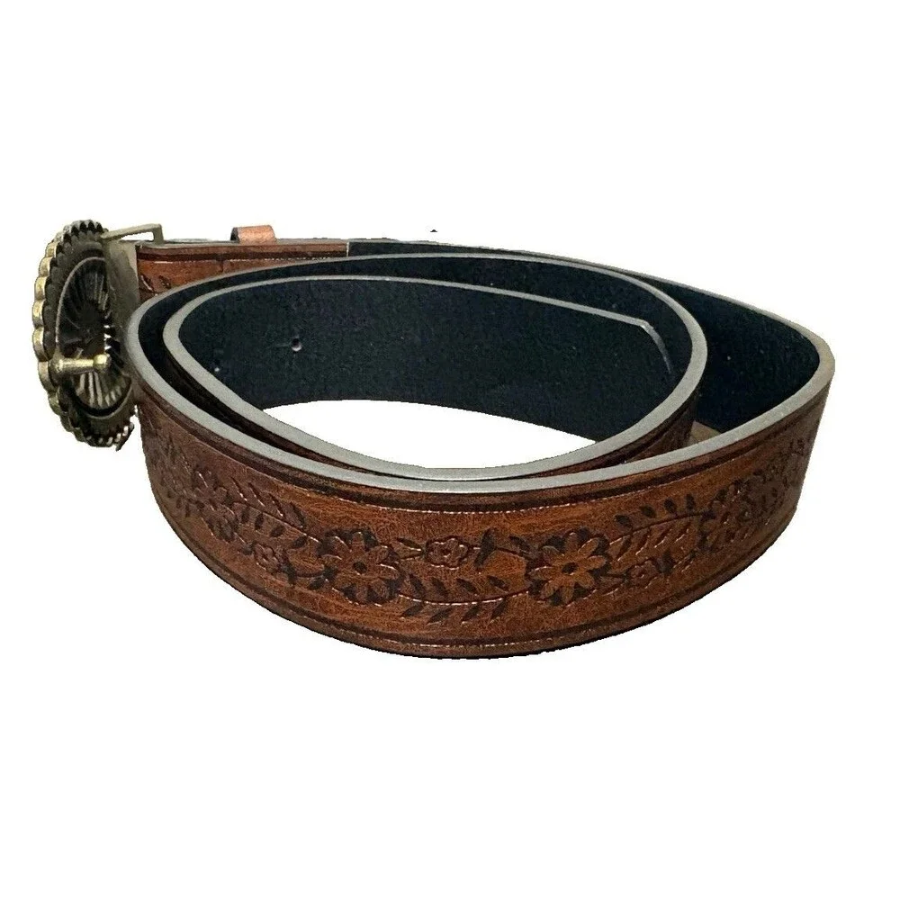 Western Floral Tooled Leather Belt Faux Turquoise Cabochon Buckle Brown 37” L
